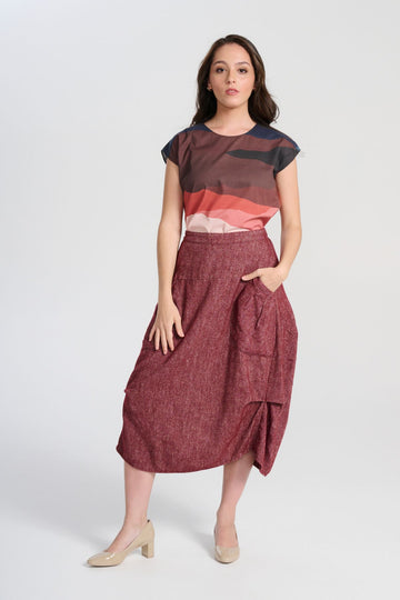 Olga de Polga Milwaukee Haven Skirt in Vino Wool/Linen blend. Front full length view on model.
