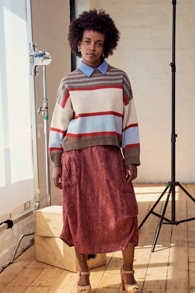 Olga de Polga Milwaukee Haven Skirt in Vino Wool/Linen blend. Front close up view on model