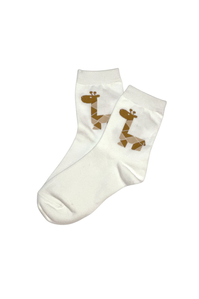 Olga de Polga white cotton socks with a brown giraffe motif at the ankle.
