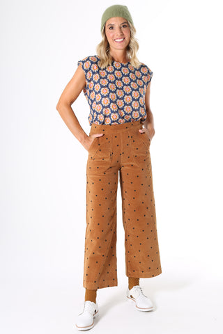 Olga de Polga  Peggy Cord Caramel spot, Featuring detailed pockets, high waist and wide-leg cut, the Peggy Cords are a cropped ankle style designed to show off your favourite boots and shoes. The cord gives the style a more textured look with a heavier drape. They are super comfortable with moderate stretch and an elasticised back waist. 