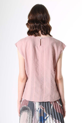Olga de Polga Avenida Textured cotton Tee in Pink Musk.Fine, floaty cotton/rayon with flattering vertical stripes of grosgrain ribbon and textured detail.
