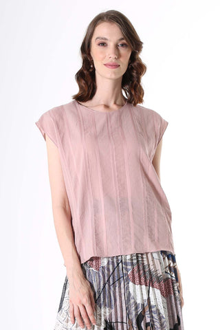 Olga de Polga Avenida Textured cotton Tee in Pink Musk.Fine, floaty cotton/rayon with flattering vertical stripes of grosgrain ribbon and textured detail.