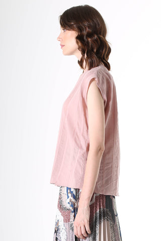 Olga de Polga Avenida Textured cotton Tee in Pink Musk.Fine, floaty cotton/rayon with flattering vertical stripes of grosgrain ribbon and textured detail.