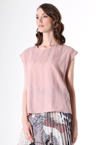 Olga de Polga Avenida Textured cotton Tee in Pink Musk.Fine, floaty cotton/rayon with flattering vertical stripes of grosgrain ribbon and textured detail.