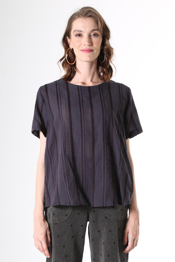 Olga de Polga Top T-shirt in Avenida textured cotton in coloru ink blue. The top is straight cut, with a short sleeve, crew neck and a box pleat at the back to give it more fullness and movement.   