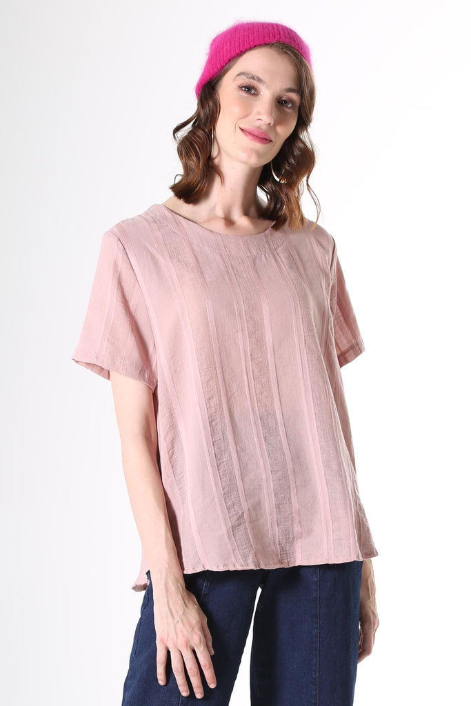 Olga de Polga Avenida Top in pink musk. Fine, floaty cotton/rayon with flattering vertical stripes of grosgrain ribbon and textured detail. Worn with the Peta denim, button-up jeans, dark denim, and the pink soft angora beanie.