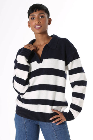 Olga de Polga Seoul Long Sweater in navy and white stripes. Long sleeves and collar with small v-neck. front view on model 