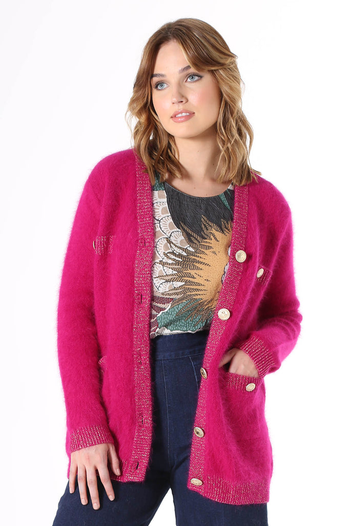 Olga de Polga Angora Pink cardigan, with pockets. Crafted in cruelty-free fuzzy angora, that is light and soft to touch, while being cosy and warm.