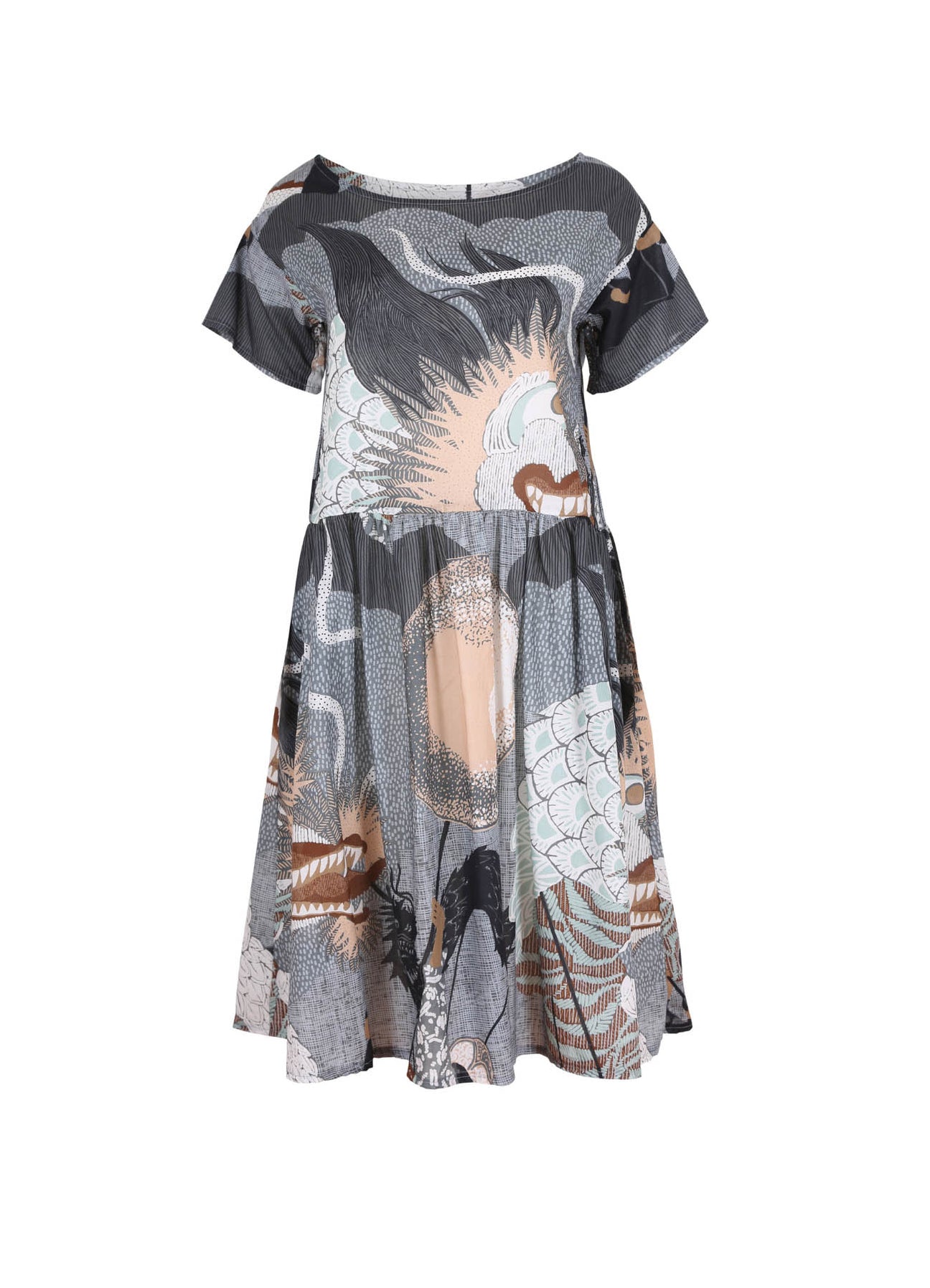 The Olga Drop Waist Dress in Festival Caramel print. is ideal for all seasons. Wear it with a cardi and boots in winter or pretty sandals in summer. Loosely cut in a relaxed fit that floats over the body, the dress features a slightly dropped waist with a pleated skirt to the knee, short sleeves crafted to sit loosely, a wide neckline and pockets! 