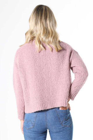 Olga de Polga Marshmallow Alpaca Sweater Musk Pink. A beautifully textured relaxed fit knit, slightly cropped length, with a drop sleeve and round neck. Perfect with mid and high-waisted jeans and skirts.