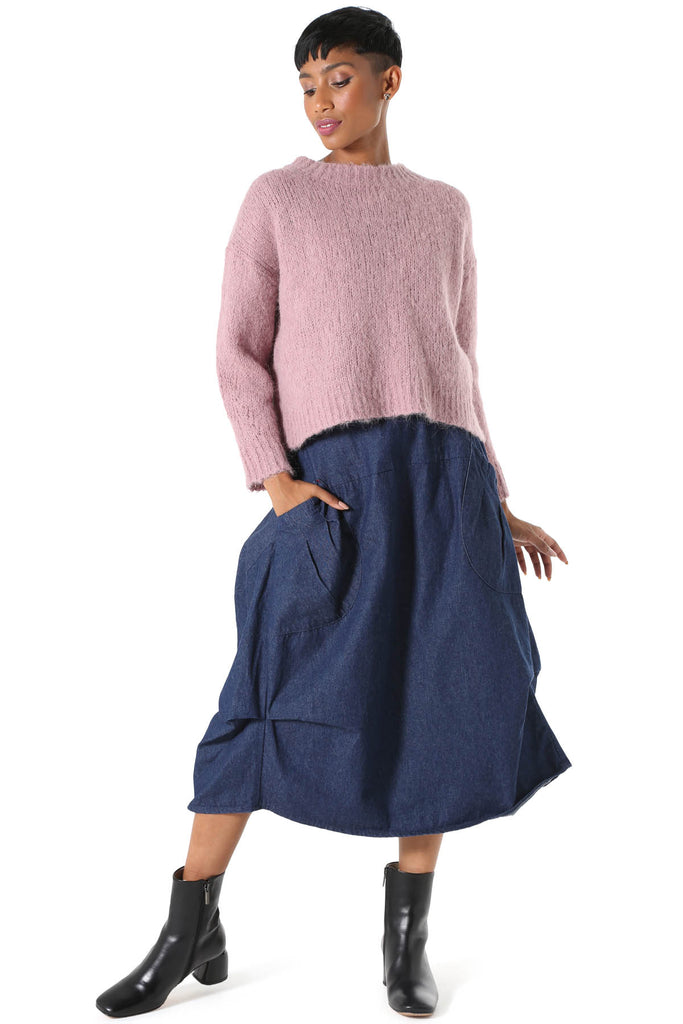 Olga de Polga Marshmallow Alpaca Sweater Musk Pink. A beautifully textured relaxed fit knit, slightly cropped length, with a drop sleeve and round neck. Perfect with mid and high-waisted jeans and skirts.