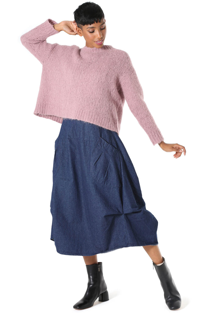 Olga de Polga Marshmallow Alpaca Sweater Musk Pink. A beautifully textured relaxed fit knit, slightly cropped length, with a drop sleeve and round neck. Perfect with mid and high-waisted jeans and skirts.