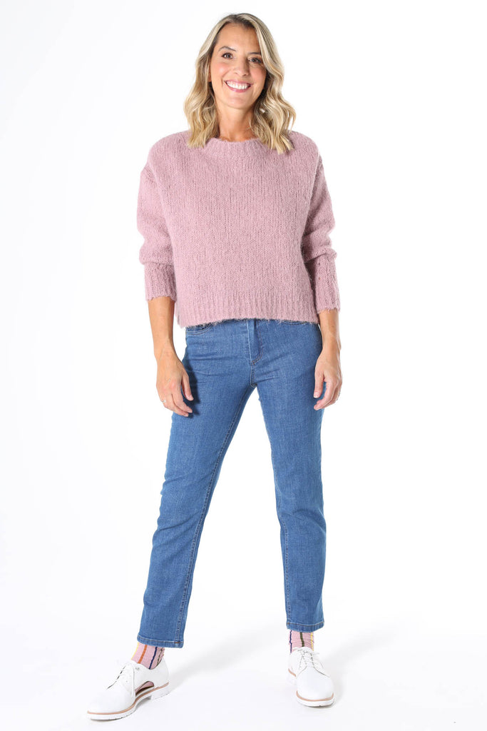 Olga de Polga Marshmallow Alpaca Sweater Musk Pink. A beautifully textured relaxed fit knit, slightly cropped length, with a drop sleeve and round neck. Perfect with mid and high-waisted jeans and skirts.