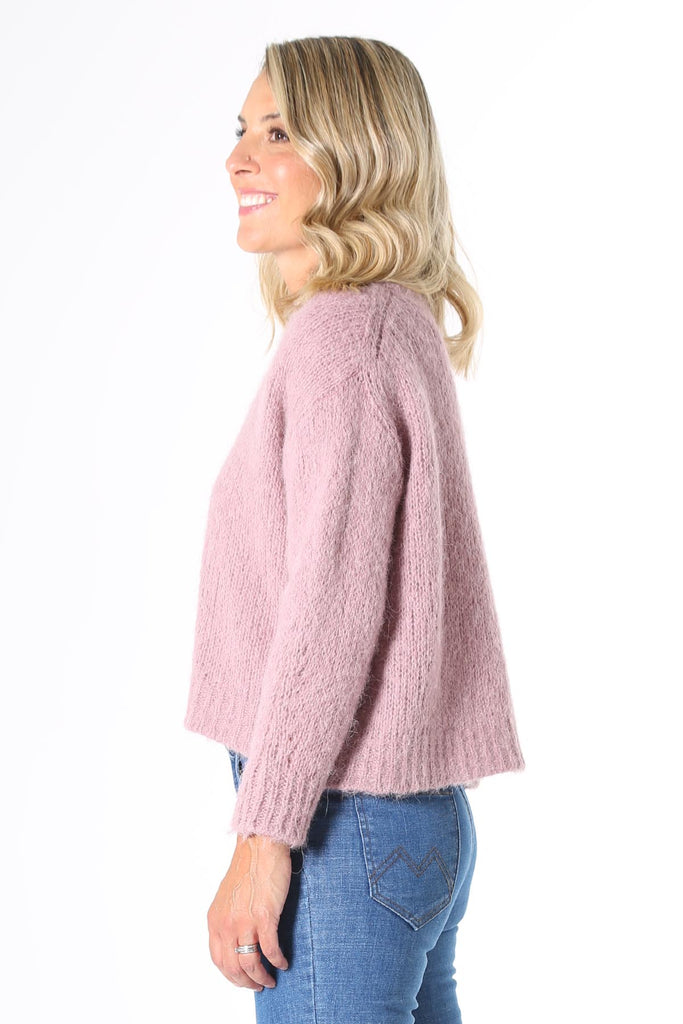 Olga de Polga Marshmallow Alpaca Sweater Musk Pink. A beautifully textured relaxed fit knit, slightly cropped length, with a drop sleeve and round neck. Perfect with mid and high-waisted jeans and skirts.