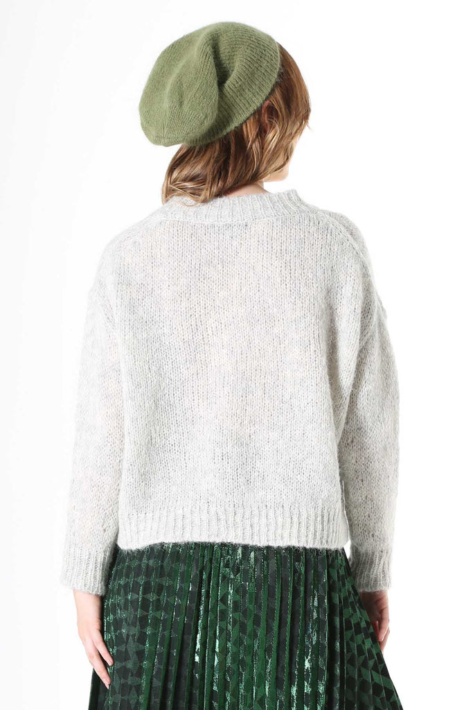 Olga de Polga Marshmallow Alpaca Sweater Storm Grey. A beautifully textured relaxed fit knit, slightly cropped length, with a drop sleeve and round neck. Perfect with mid and high-waisted jeans and skirts.