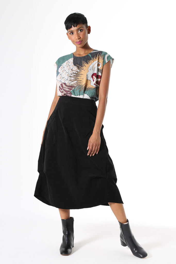 Olga de Polga best seller the Milwaukee skirt in fine cord. Colour black. 100% cotton.Front View on model