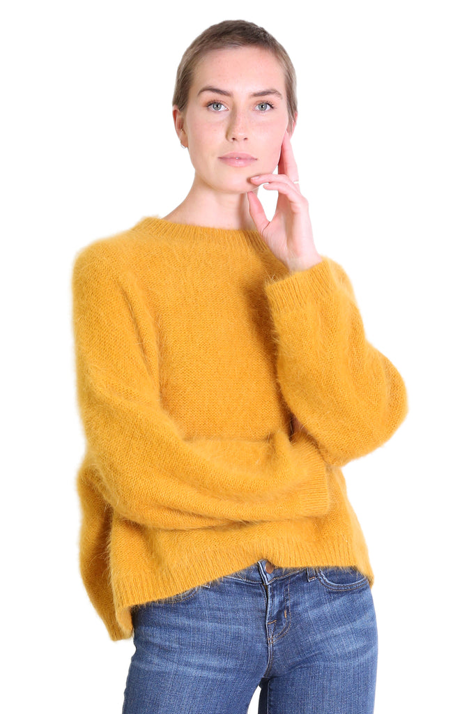 Olga de Polga montreal angora knit in mustard colour. front view