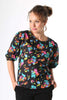 Olga de Polga Paradise printed blouse. Deep black with splashes of neon pink, orange, yellow and aqua. Soft, light-weight cotton/rayon fabric with a floaty drape.  