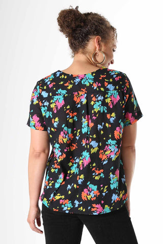 Olga de Polga Top in Paradise Printed cotton t-shirt with splashes of neon pink, orange, yellow and aqua. Soft, light-weight cotton/rayon fabric with a floaty drape. 