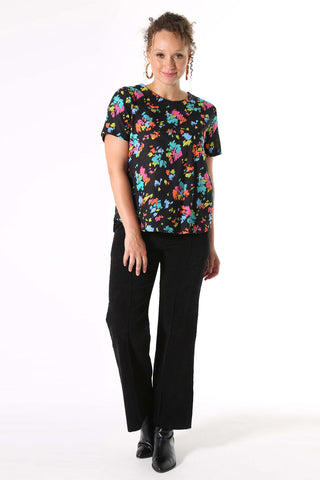 Olga de Polga Top in Paradise Printed cotton t-shirt with splashes of neon pink, orange, yellow and aqua. Soft, light-weight cotton/rayon fabric with a floaty drape. 