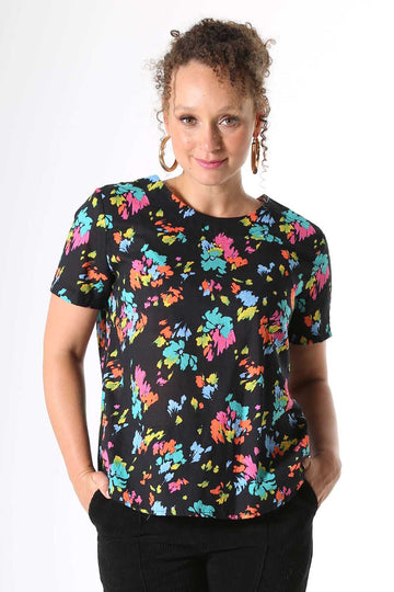 Olga de Polga Top in Paradise Printed cotton t-shirt with splashes of neon pink, orange, yellow and aqua. Soft, light-weight cotton/rayon fabric with a floaty drape.  