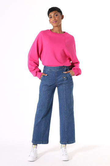 Olga de Polga Peta Denim Jeans Original Denim, A high waist, straight cut fit cropped to the ankle, with an elastic waistband at the back for extra comfort and side pockets. 