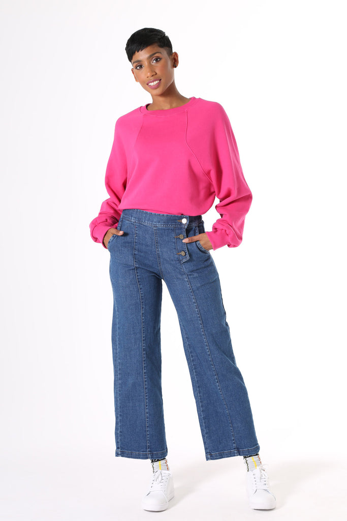 Olga de Polga Peta Denim Jeans Original Denim, A high waist, straight cut fit cropped to the ankle, with an elastic waistband at the back for extra comfort and side pockets. 