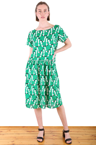 Swooping Seagulls Drop Waist Dress Green in Seersucker