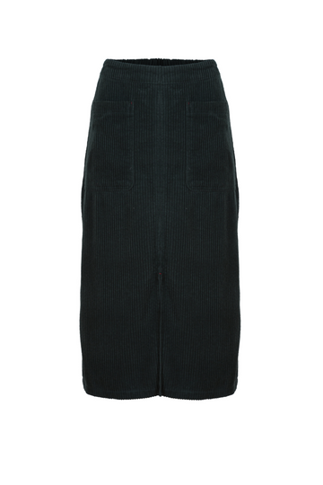 Olga de Polga new cord skirt in colour bottle green. A-line shape with large from patch pockets and a long front split. Elasticated back waistband. Front view