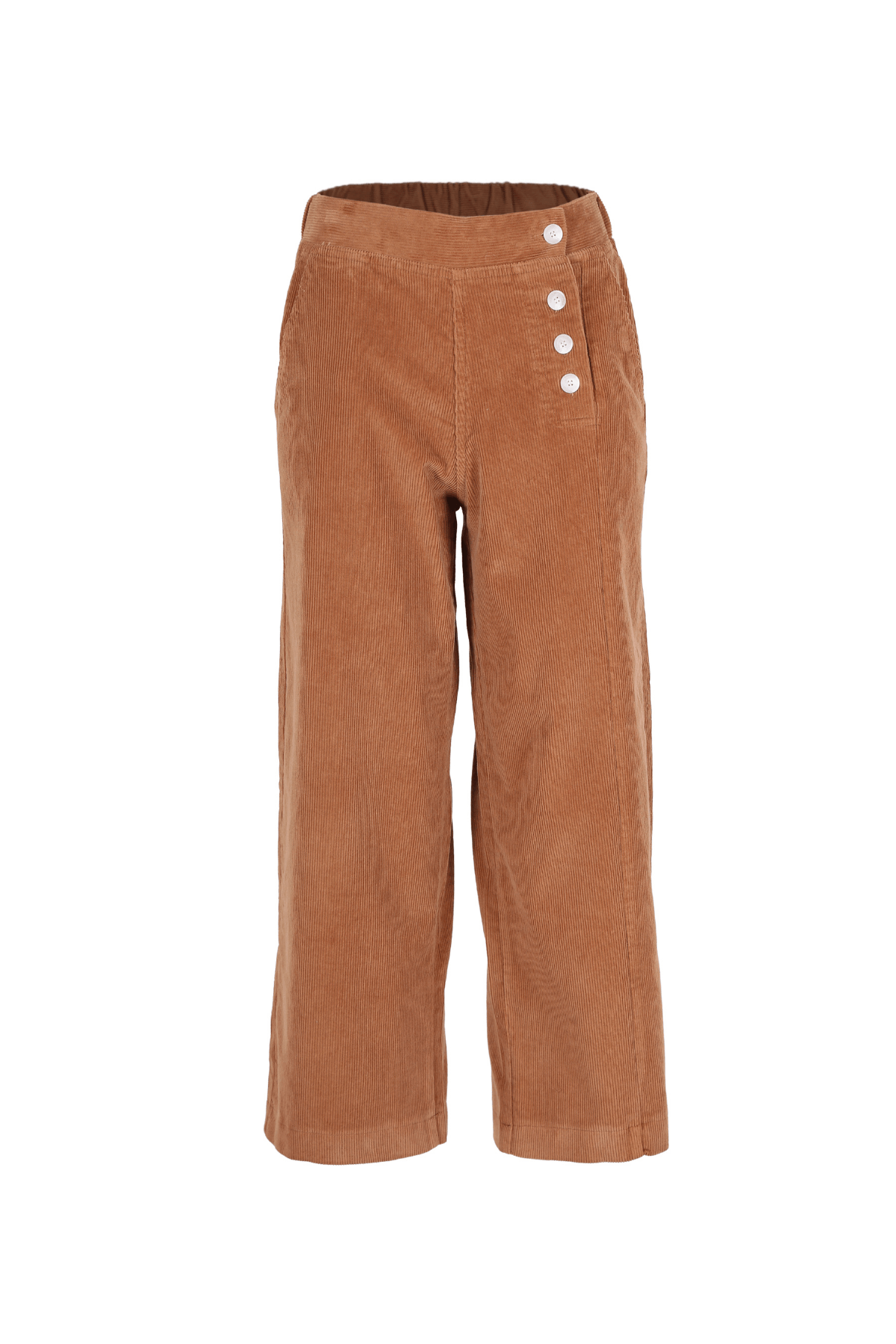 Our Betsy style features unique button detailing on the side to give our classic Peggy cords a twist.  The cord gives the style a more tactile appearance and adds an architectural element with the texture and heavier drape. Super comfortable with moderate stretch and an elasticised back.  Elastic high waistband at the back, flat front and wide-leg cut. front view.