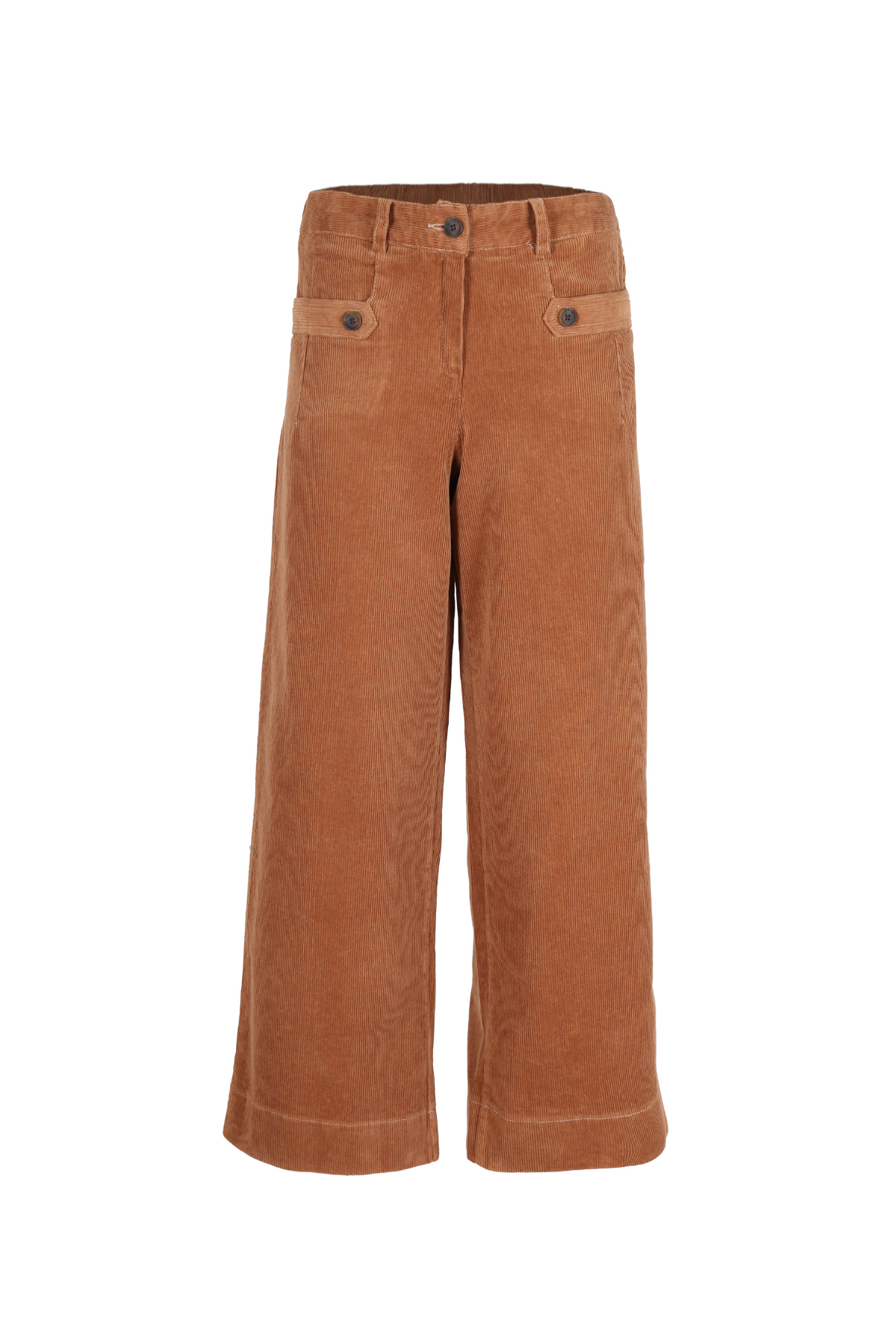 Olga de Polga pants. The new Lilian pants in caramel cord fabric. Front zip opening and pocket detailing. Front view.