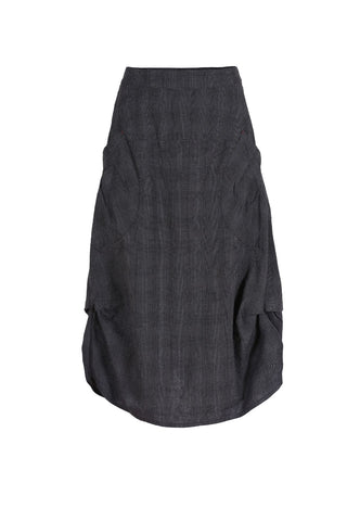 Olga de Polga favourite the Milwaukee skirt in charcoal textured cotton. 100% cotton. Cut in a universally-flattering a-line design, the pockets and subtle gathers on this skirt create a unique shape. Front view.