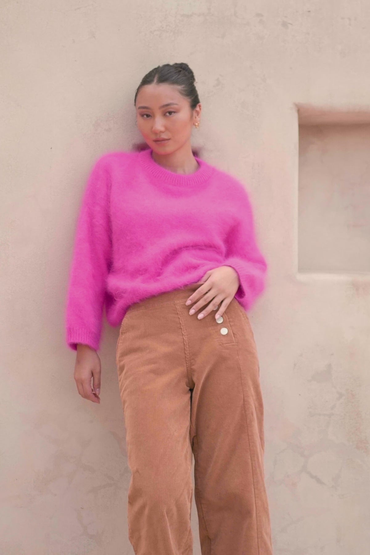 Olga de Polga Betsy cord pants in colour caramel. Front view as seen on model.