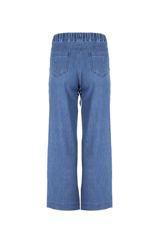 Our Betsy jeans style features unique button detailing on the side to give our classic Peggy jeans a twist. Super comfortable with moderate stretch and an elasticised back. Classic denim colour. Free shipping over $100. Back view.