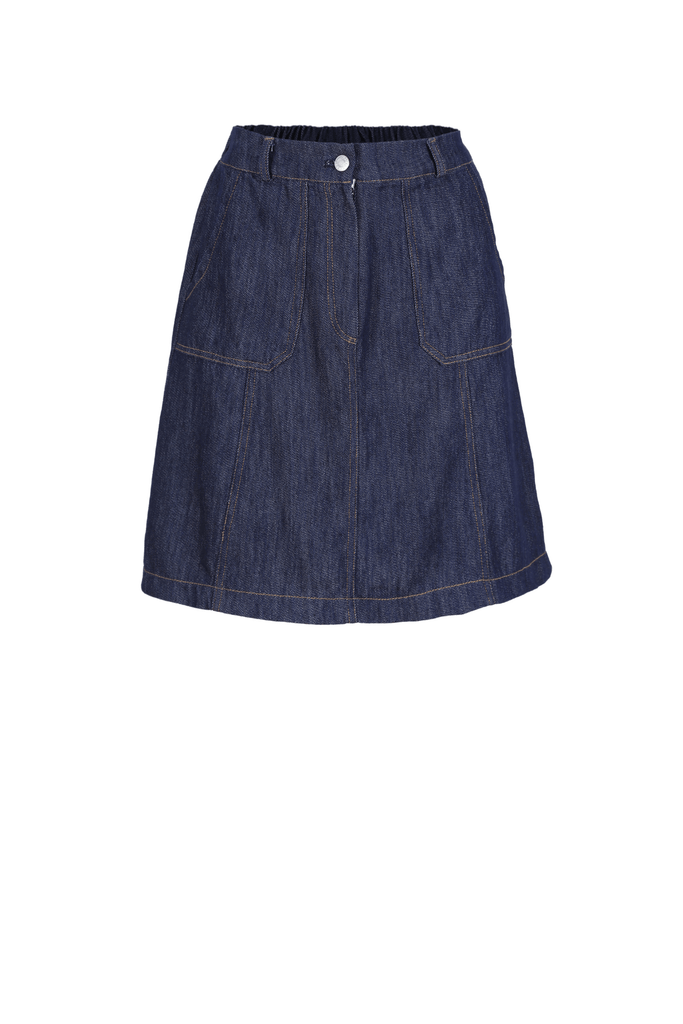 Olga de Polga Jackson mini skirt in dark denim. Front zip opening and large front patch pockets. Front view