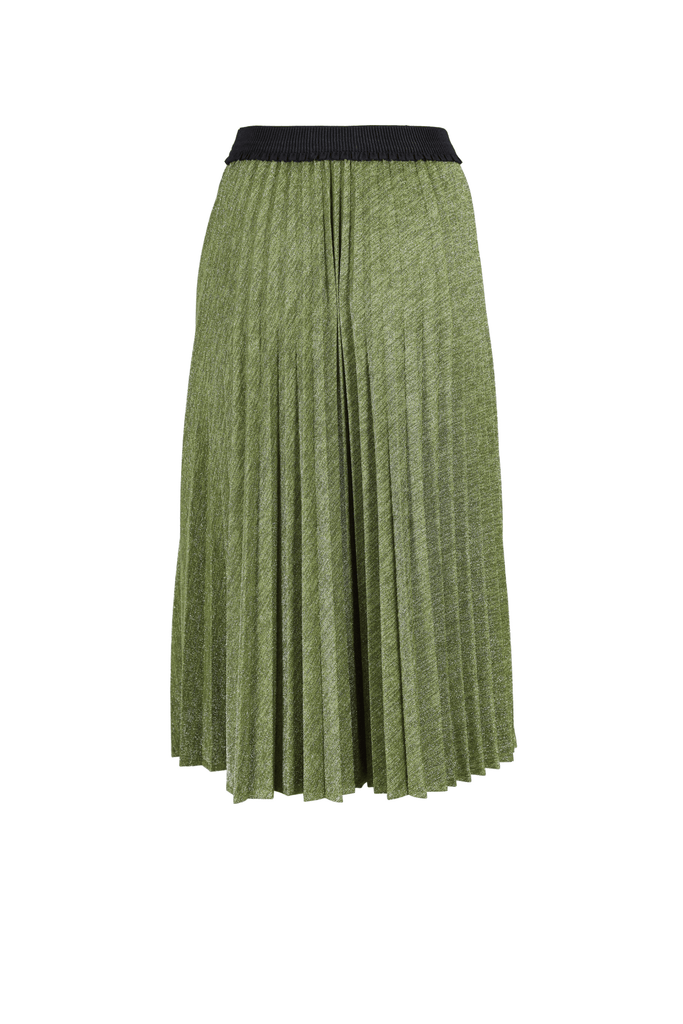 Olga de polga Lucy Lurex pleat skirt in green colour. Flattering black elastic waistband. Back view