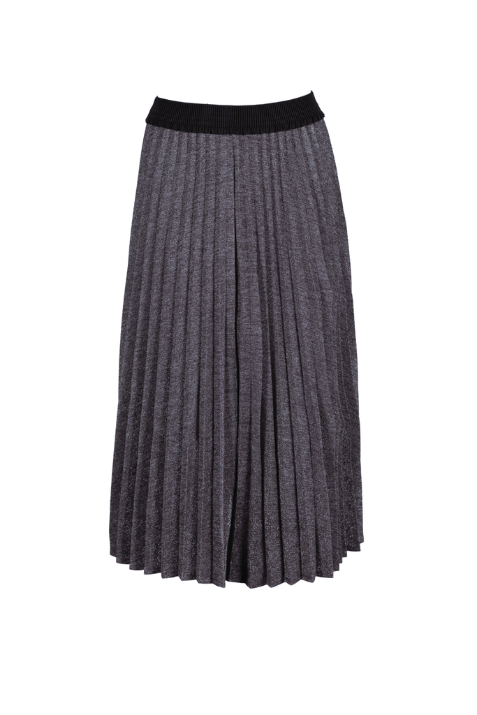 Olga de Polga Lucy Lurex pleat skirt. Super soft and lightweight lustrous metallic lurex fabric. Colour slate grey. Front view