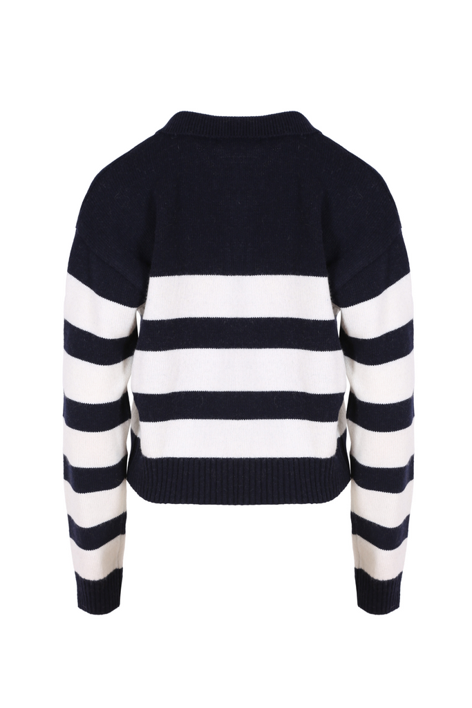 Olga de Polga knitwear. Seoul short sweater in navy and white stripes. Cropped length, relaxed fit, with an open collar, v-neck and dropped shoulder.  Back view