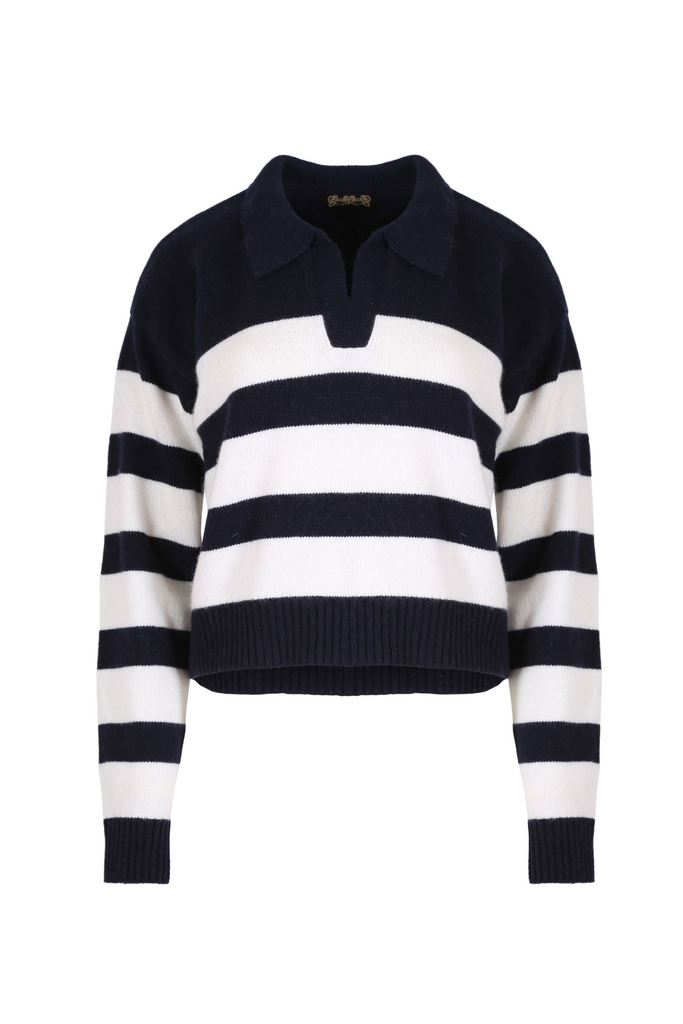 Olga de Polga knitwear. Seoul short sweater in navy and white stripes. Cropped length, relaxed fit, with an open collar, v-neck and dropped shoulder. Front view