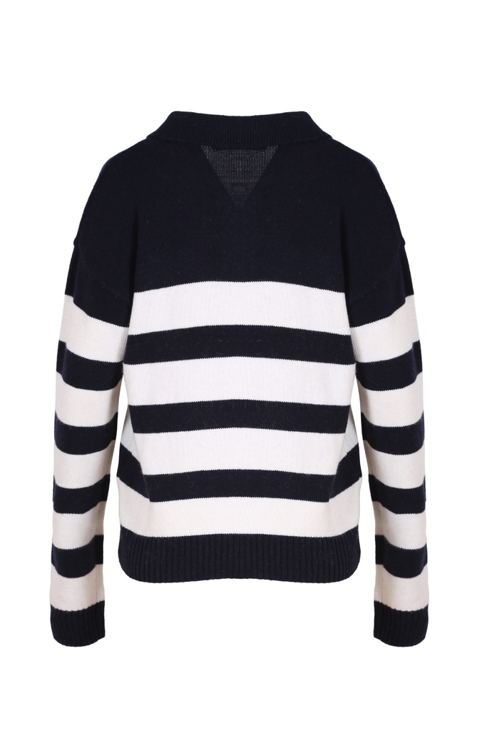 Olga de Polga Seoul Long Sweater in navy and white stripes. Long sleeves and collar with small v-neck. Back view