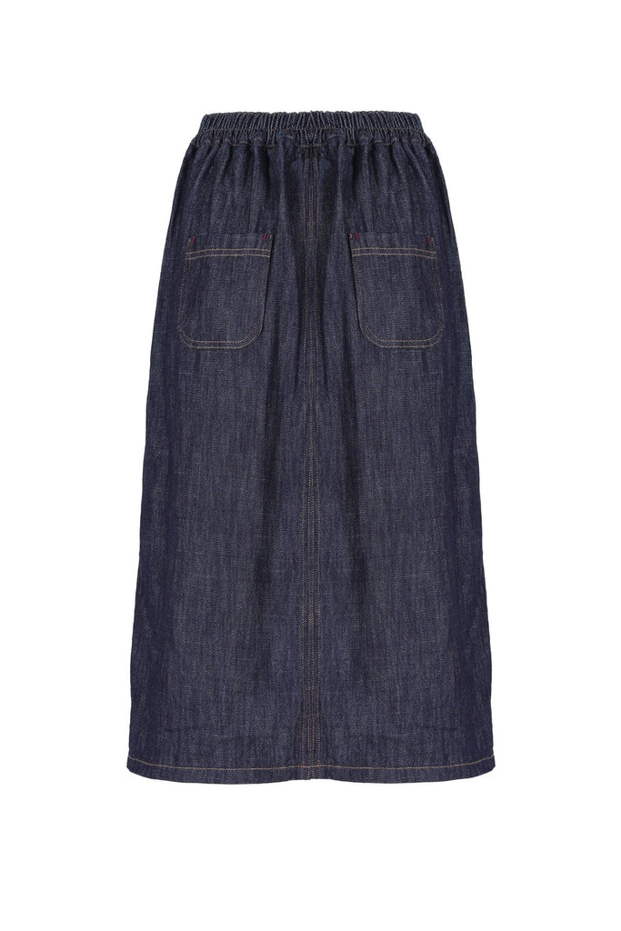 Olga de Polga's new Phoenix denim midi skirt dark wash with large front patch pockets and a front split, with an elasticated back waistband. An instant classic.