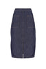 Olga de Polga's new Phoenix denim midi skirt dark wash with large front patch pockets and a front split, with an elasticated back waistband. An instant classic.Front view