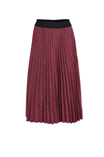 Olga de Polga Lucy Lurex pleated skirt in pink. Flattering black elastic waistband. Front view.