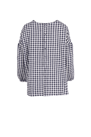 Suzanna linen lux blouse with long sleeves and round neck. Back view. Navy and white colour check pattern