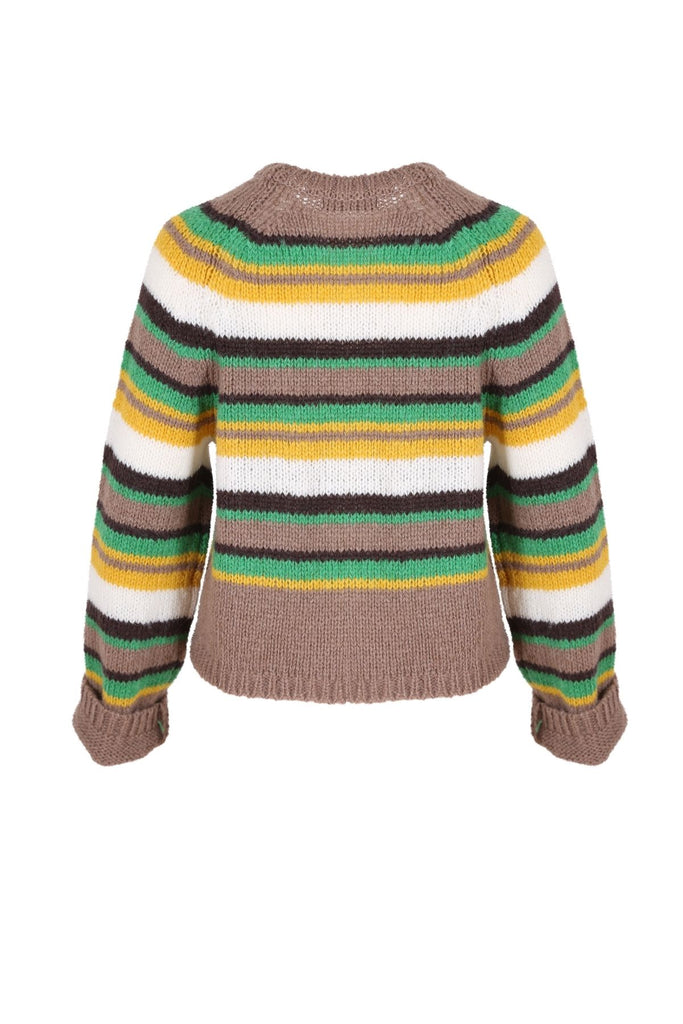 Olga de Polga Oshka sweater in colour taupe. Green, yellow and brown horizontal stripes and ribbing elevates this sweater beyond traditional casual winter wear.  back view