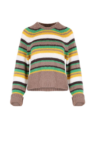 Olga de Polga Oshka sweater in colour taupe. Green, yellow and brown horizontal stripes and ribbing elevates this sweater beyond traditional casual winter wear. Front view