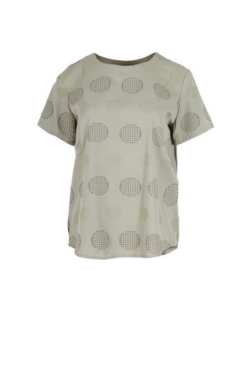 Olga de Polga top in Universal colour khaki. The top is straight cut, with a short sleeve, crew neck and a box pleat at the back to give it more fullness and movement. Front view